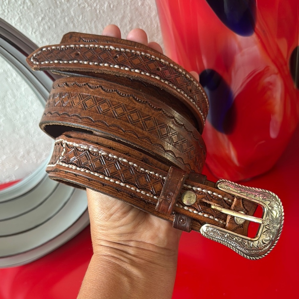 Vintage Western Belt Hand Tooled Leather Sterling Silver Buckle Stitching Tan